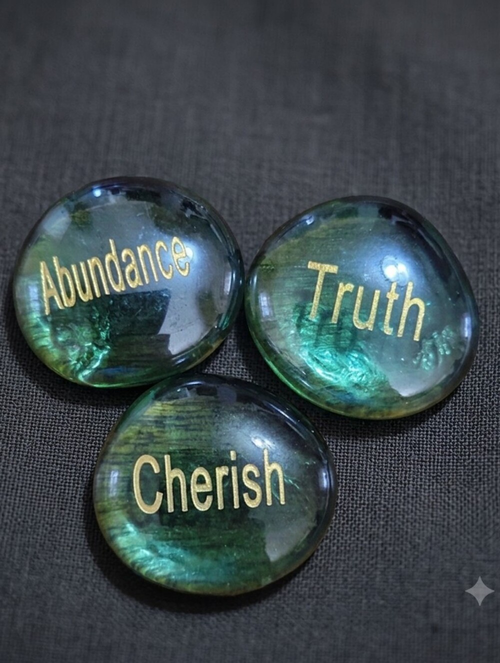 Green Inspirational Glass Gems - "Abundance, Truth, Cherish"